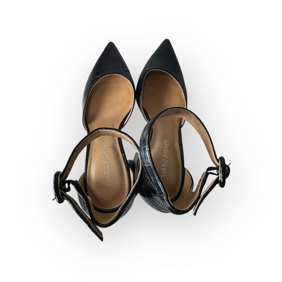 MARC FISHER Black Block Heels Leather Magie 6.5 Ankle Strap Animal Print Party - Picture 6 of 8